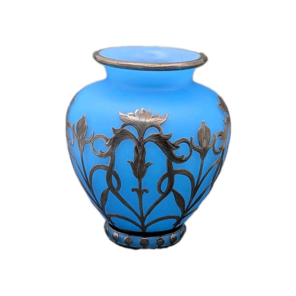 Antique Loetz Art Nouveau Silver Overlay Blue Opaline Glass 3" Cabinet Vase CHIP